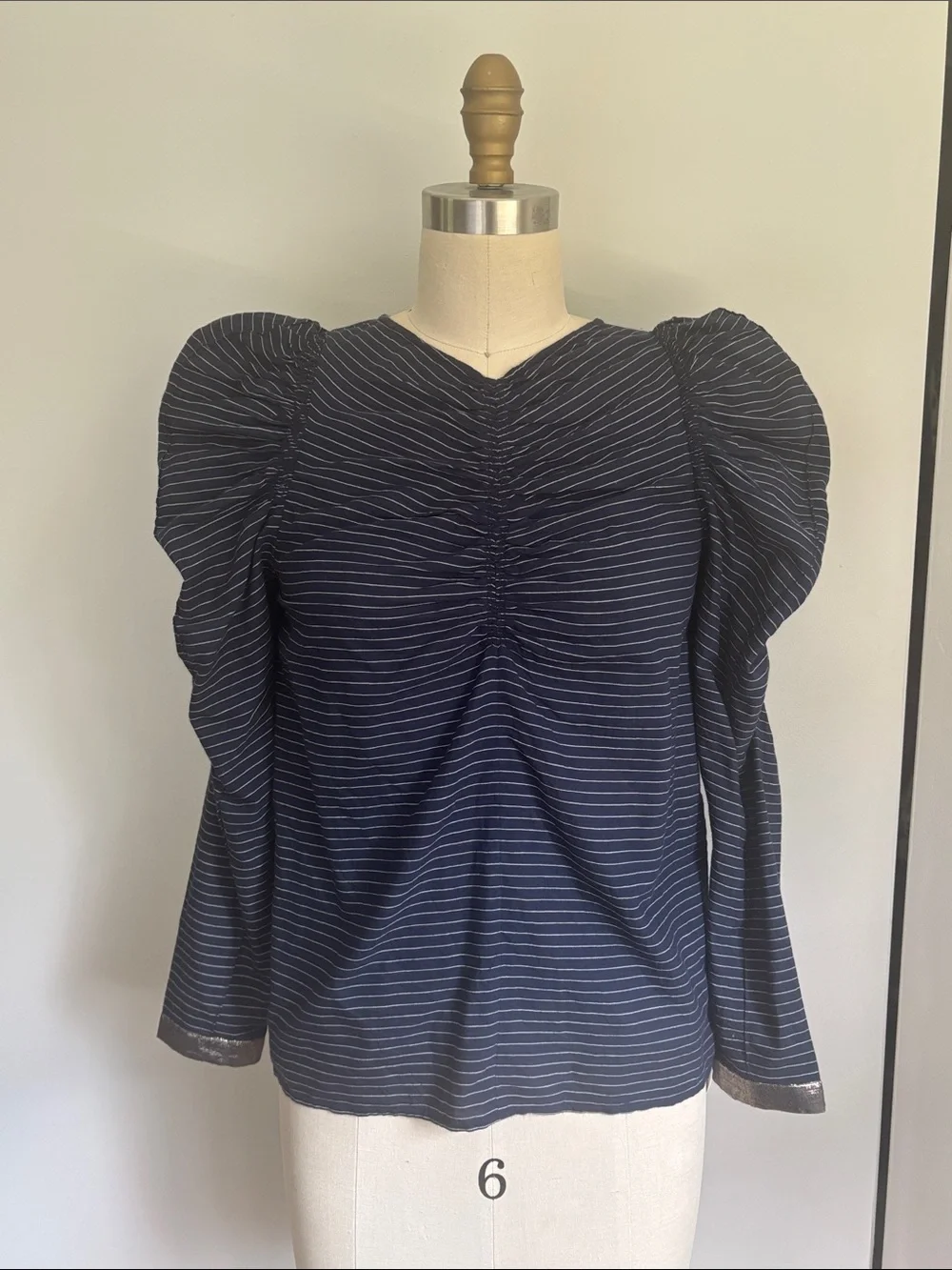 Ulla Johnson Navy Striped Puff-Sleeve Blouse - With Tag from Barneys